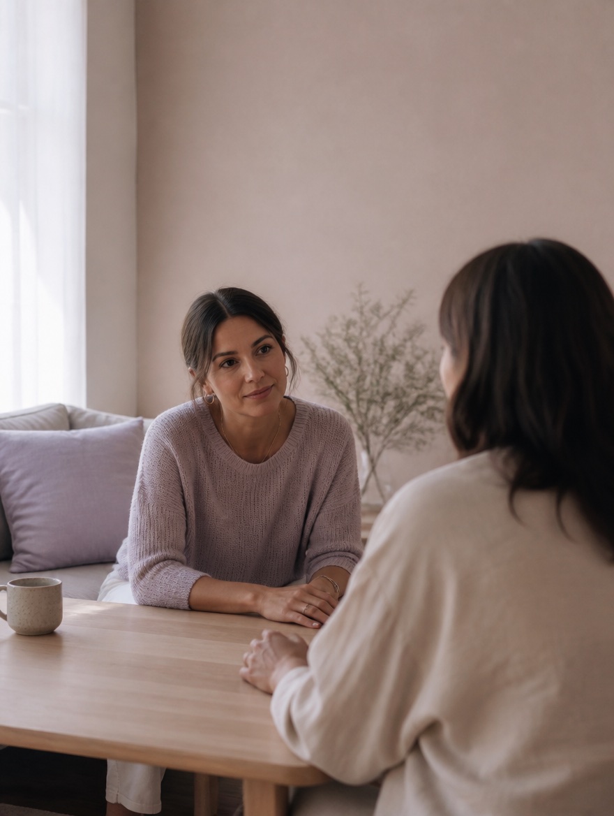 Duas pessoas sentadas frente a frente em uma sala clara, em conversa atenta
