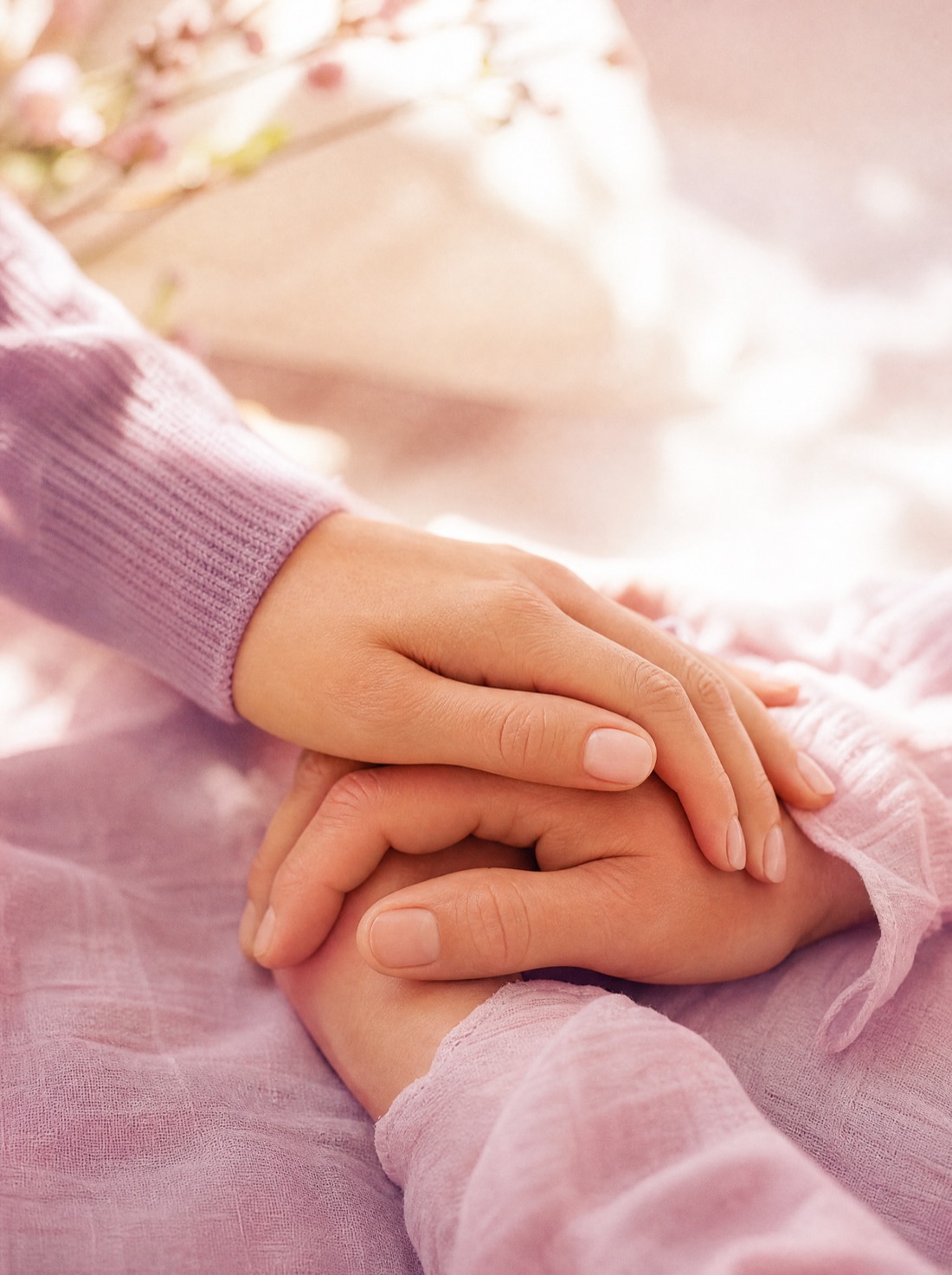 Duas mãos repousadas juntas, uma sobre a outra, em luz suave